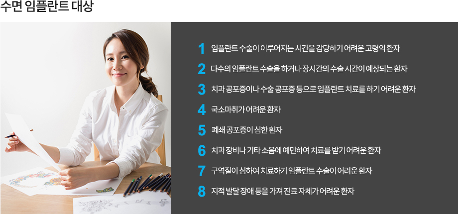 수면 임플란트 대상
-임플란트 수술이 이루어지는 시간을 감당하기 어려운 고령의 환자
-다수의 임플란트 수술을 하거나 장시간의 수술 시간이 예상되는 환자
-치과 공포증이나 수술 공포증 등으로 임플란트 치료를 하기 어려운 환자
-국소마취가 어려운 환자
-폐쇄 공포증이 심한 환자
-치과 장비나 기타 소음에 예민하여 치료를 받기 어려운 환자
-구역질이 심하여 치료하기 임플란트 수술이 어려운 환자
-지적 발달 장애 등을 가져 진료 자체가 어려운 환자
