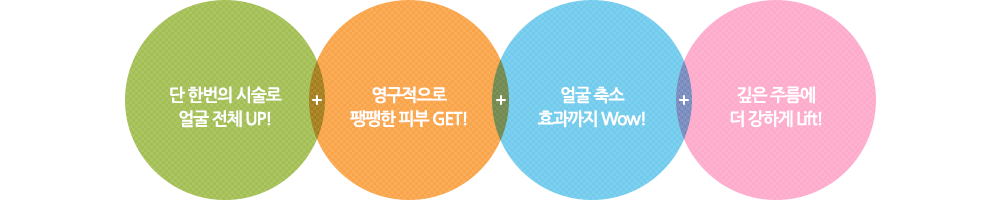 1.단 한번의 시술로 얼굴 전체 UP! 2.영구적으로 팽팽한 피부 GET! 3.얼굴 축소 효과까지 Wow! 4.깊은 주름에 더 강하게 Lift!