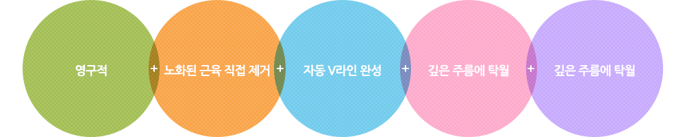 1.영구적 2.노화된 근육 직접 제거 3.자동 V라인 완성 4.깊은 주름에 탁월 5.깊은 목주름도 UP!