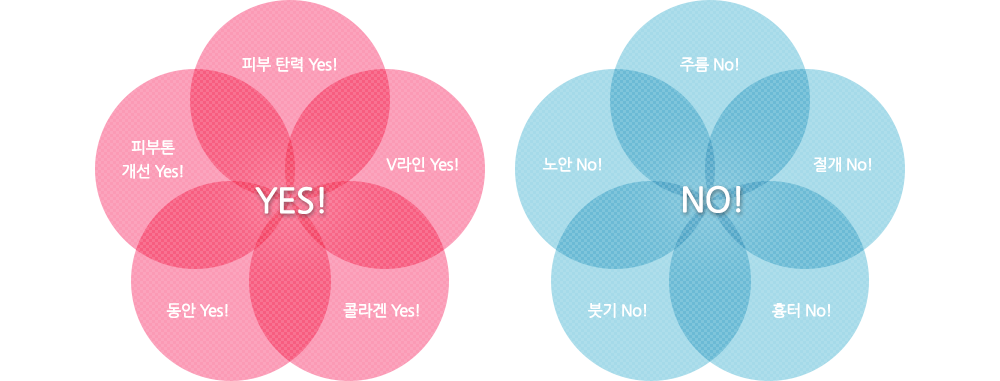 YES! - 1.피부탄력 2.피부톤 개선 3.동안 4.콜라겐 5.V라인 NO! - 1.주름 2.절개 3.흉터 4.붓기 5.노안