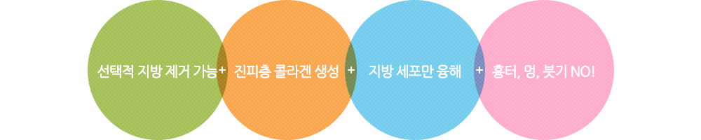 1.선택적 지방 제거 가능 2.진피층 콜라겐 생성 3.지방 세포만 융해 4.흉터,멍,붓기 NO!