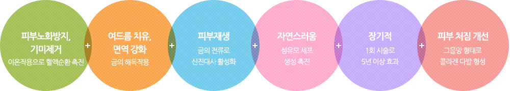 1.피부 노화방지, 기미제거: 이온작용으로 혈액순환 촉진 2.금의 해독작용:여드름 치유, 면역 강화 3.금의 전류로 신진대사 활성화:피부재생 4.섬유모 세포 생성 촉진:자연스러움 5.1회 시술로 5년 이상 효과:장기적 6.그물망 형태로 콜라겐 다발 형성:피부 처짐 개선