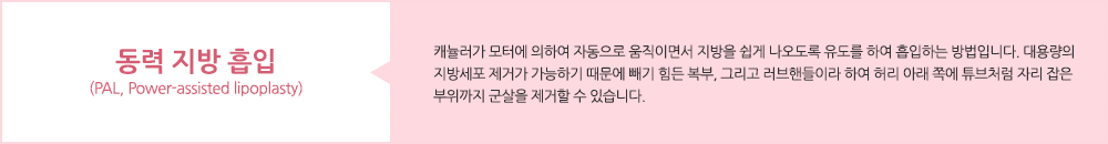 동력 지방 흡입 (PAL, Power-assisted lipoplasty) :캐뉼러가 모터에 의하여 자동으로 움직이면서 지방을 쉽게 나오도록 유도를 하여 흡입하는 방법입니다. 대용량의 지방세포 제거가 가능하기 때문에 빼기 힘든 복부, 그리고 러브핸들이라 하여 허리 아래 쪽에 튜브처럼 자리 잡은 부위까지 군살을 제거할 수 있습니다.