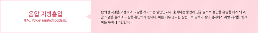 음압 지방흡입(PAL, Power-assisted lipoplasty):손의 움직임을 이용하여 지방을 제거하는 방법입니다. 움직이는 동안에 진공 펌프로 음압을 유발을 하게 되고. 곧 도관을 통하여 지방을 흡입하게 됩니다. 이는 매우 정교한 방법으로 팔뚝과 같이 섬세하게 지방 제거를 해야 하는 부위에 적합합니다. 
