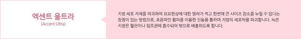 엑센트 울트라(Accent Ultra):지방 세포 자체를 파괴하여 요요현상에 대한 염려가 적고 한번에 큰 사이즈 감소를 누릴 수 있다는 장점이 있는 방법으로, 초음파인 횡파를 이용한 진동을 통하여 지방의 세포막을 파괴합니다. 녹은 지방은 혈관이나 림프관에 흡수되어 밖으로 배출하도록 합니다.