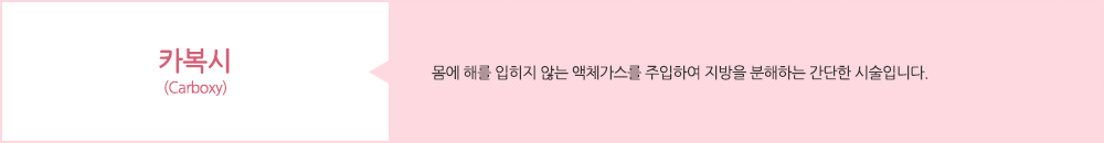 카복시(Carboxy):몸에 해를 입히지 않는 액체가스를 주입하여 지방을 분해하는 간단한 시술입니다.