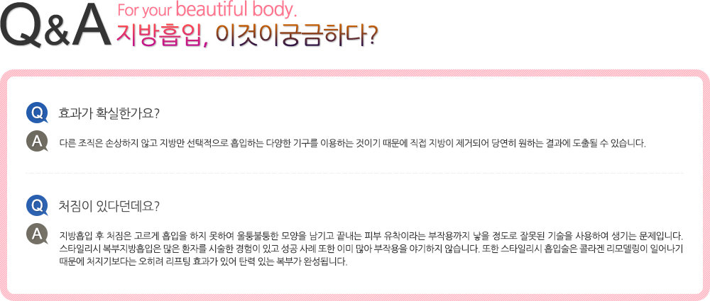 지방흡입, 이것이 궁금하다? Q.효과가 확실한가요? A.다른 조직은 손상하지 않고 지방만 선택적으로 흡입하는 다양한 기구를 이용하는 것이기 때문에 직접 지방이 제거되어 당연히 원하는 결과에 도출될 수 있습니다. Q.처짐이 있다던데요? A.지방흡입 후 처짐은 고르게 흡입을 하지 못하여 울퉁불퉁한 모양을 남기고 끝내는 피부 유착이라는 부작용까지 낳을 정도로 잘못된 기술을 사용하여 생기는 문제입니다. 스타일리시 복부지방흡입은 많은 환자를 시술한 경험이 있고 성공 사례 또한 이미 많아 부작용을 야기하지 않습니다. 또한 스타일리시 흡입술은 콜라겐 리모델링이 일어나기 때문에 처지기보다는 오히려 리프팅 효과가 있어 탄력 있는 복부가 완성됩니다.