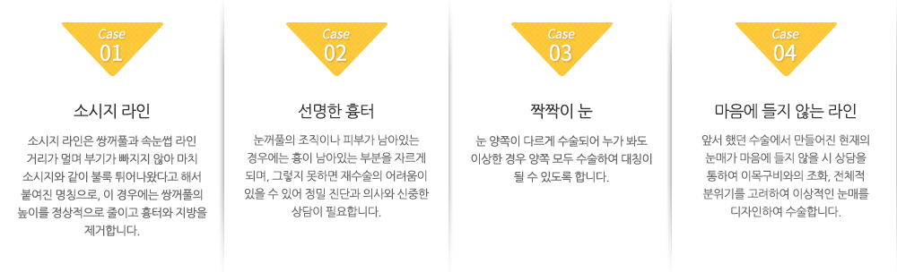 1.소시지 라인. 소시지 라인은 쌍꺼풀과 속눈썹 라인 거리가 멀며 부기가 빠지지 않아 마치 소시지와 같이 불룩 튀어나왔다고 해서 붙여진 명칭으로, 이 경우에는 쌍꺼풀의 높이를 정상적으로 줄이고 흉터와 지방을 제거합니다. 2.선명한 흉터. 눈꺼풀의 조직이나 피부가 남아있는 경우에는 흉이 남아있는 부분을 자르게 되며, 그렇지 못하면 재수술의 어려움이 있을 수 있어 정밀 진단과 의사와 신중한 상담이 필요합니다. 3.짝짝이 눈. 눈 양쪽이 다르게 수술되어 누가 봐도 이상한 경우 양쪽 모두 수술하여 대칭이 될 수 있도록 합니다. 4.마음에 들지 않는 라인. 앞서 했던 수술에서 만들어진 현재의 눈매가 마음에 들지 않을 시 상담을 통하여 이목구비와의 조화, 전체적 분위기를 고려하여 이상적인 눈매를 디자인하여 수술합니다.