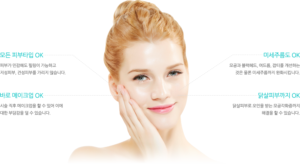 1.모든 피부타입 OK:피부가 민감해도 필링이 가능하고 지성피부, 건성피부를 가리지 않습니다. 2.미세주름도 OK:모공과 블랙헤드, 여드름, 잡티를 개선하는 것은 물론 미세주름까지 완화시킵니다. 3.바로 메이크업 OK:시술 직후 메이크업을 할 수 있어 이에 대한 부담감을 덜 수 있습니다. 4.닭살피부까지 OK:닭살피부로 오인을 받는 모공각화증까지 해결을 할 수 있습니다.