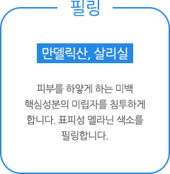 만델릭산, 살리실 : 피부를 하얗게 하는 미백 핵심성분의 미립자를 침투하게 합니다. 표피성 멜라닌 색소를 필링합니다.
