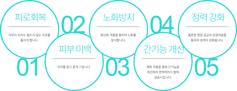 1.피로회복:아무리 쉬어도 풀리지 않는 피로를 풀리게 합니다. 2.피부 미백:피부를 맑고 밝게 가꿉니다. 3.노화방지 :항산화 작용을 통하여 노화를 방지합니다. 4.간기능 개선:해독 작용을 통해 간기능을 개선하여 면역력까지 함께 상승시킵니다. 5.정력 강화:충분한 영양 공급과 강장작용을 통하여 정력이 강화됩니다.