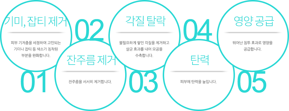 기미, 잡티 제거:피부 기저층을 세정하여 고민되는 기미나 잡티 등 색소가 침착된 부분을 완화합니다. 잔주름 제거:잔주름을 서서히 제거합니다. 각질 탈락:불필요하게 쌓인 각질을 제거하고 살균 효과를 내어 모공을 수축합니다. 탄력:피부에 탄력을 높입니다. 영양 공급:뛰어난 침투 효과로 영양을 공급합니다.