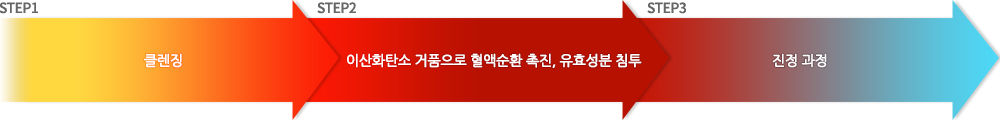 1.클렌징 2.이산화탄소 거품으로 혈액순환 촉진, 유효성분 침투 3.진정과정