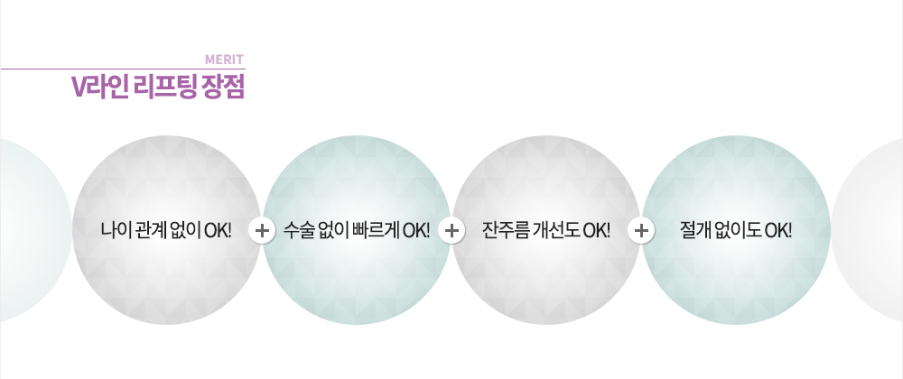 대상

-수술 없는 V라인을 원하시는 분
-팔자주름과 처진 피부를 다시 올리고 싶으신 분
-피부 탄력과 함께 잔주름 개선도 원하시는 분
-일반 V라인 시술로 효과를 못 보신 분

