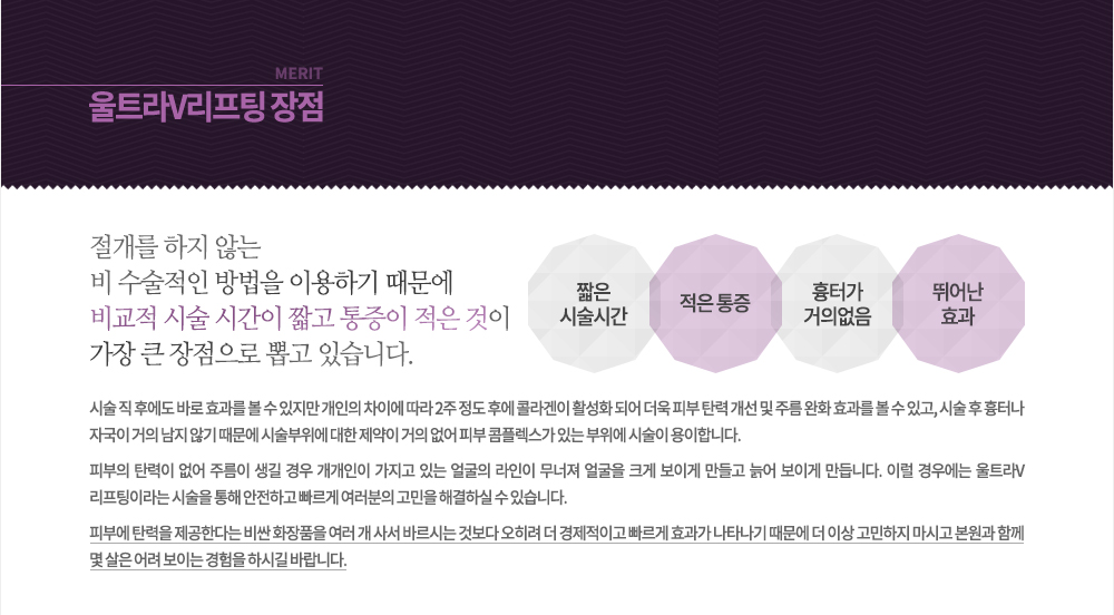 울트라V리프팅 장점
절개를 하지 않는 비 수술적인 방법을 이용하기 때문에 비교적 시술 시간이 짧고 통증이 적은 것이 가장 큰 장점으로 뽑고 있습니다. 시술 직 후에도 바로 효과를 볼 수 있지만 개인의 차이에 따라 2주 정도 후에 콜라겐이 활성화 되어 더욱 피부 탄력 개선 및 주름 완화 효과를 볼 수 있고, 시술 후 흉터나 자국이 거의 남지 않기 때문에 시술부위에 대한 제약이 거의 없어 피부 콤플렉스가 있는 부위에 시술이 용이합니다.

피부의 탄력이 없어 주름이 생길 경우 개개인이 가지고 있는 얼굴의 라인이 무너져 얼굴을 크게 보이게 만들고 늙어 보이게 만듭니다. 이럴 경우에는 울트라V리프팅이라는 시술을 통해 안전하고 빠르게 여러분의 고민을 해결하실 수 있습니다.
피부에 탄력을 제공한다는 비싼 화장품을 여러 개 사서 바르시는 것보다 오히려 더 경제적이고 빠르게 효과가 나타나기 때문에 더 이상 고민하지 마시고 저희 피부과와 함께 몇 살은 어려 보이는 경험을 하시길 바랍니다.
