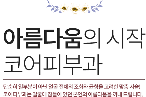 아름다움의 시작. 코어피부과. 단순히 일부분이 아닌 얼굴 전체의 조화와 균형을 고려한 맞춤 시술! 코어피부과는 얼굴에 잠들어 있던 본인의 아름다움을 꺼내드립니다.