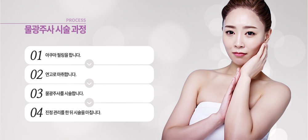 시술 과정
아쿠아 필링을 한 후 연고로 마취를 하고 물광주사를 시술합니다. 진정 관리를 뒤 시술을 마칩니다.
