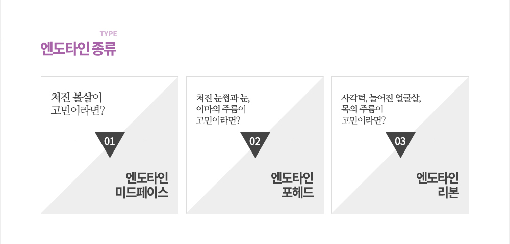 엔도타인 종류

처진 볼살 -> 엔도타인 미드페이스
처진 눈썹과 눈, 이마의 주름 -> 엔도타인 포헤드
사각턱, 늘어진 얼굴살, 목의 주름 -> 엔도타인 리본
