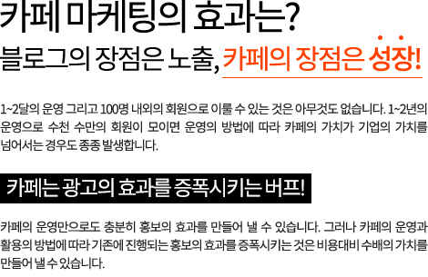 카페 마케팅의 효과는? 블로그의 장점은 노출, 카페의 장점은 성장! 1~2달의 운영 그리고 100명 내외의 회원으로 이룰 수 있는 것은 아무것도 없습니다. 1~2년의 운영으로 수천 수만의 회원이 모이면 운영의 방법에 따라 카페의 가치가 기업의 가치를 넘어서는 경우도 종종 발생합니다. 
  카페는 광고의 효과를 증폭시키는 버프!
카페의 운영만으로도 충분히 홍보의 효과를 만들어 낼 수 있습니다. 그러나 카페의 운영과 활용의 방법에 따라 기존에 진행되는 홍보의 효과를 증폭시키는 것은 비용대비 수배의 가치를 만들어 낼 수 있습니다.